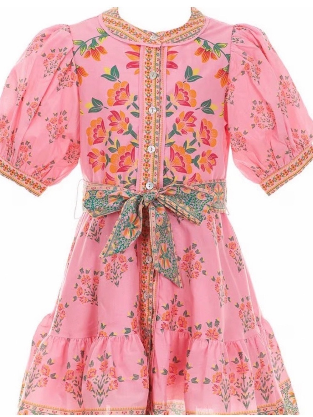 A Loves A (Dillards) Girl Pink Floral Puff Sleeve Tie Waist Mini Dress Large